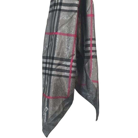 Silver & Pink Plaid Satin Scarf 35" Square Medium EUC Preppy Multifunction - Picture 10 of 11